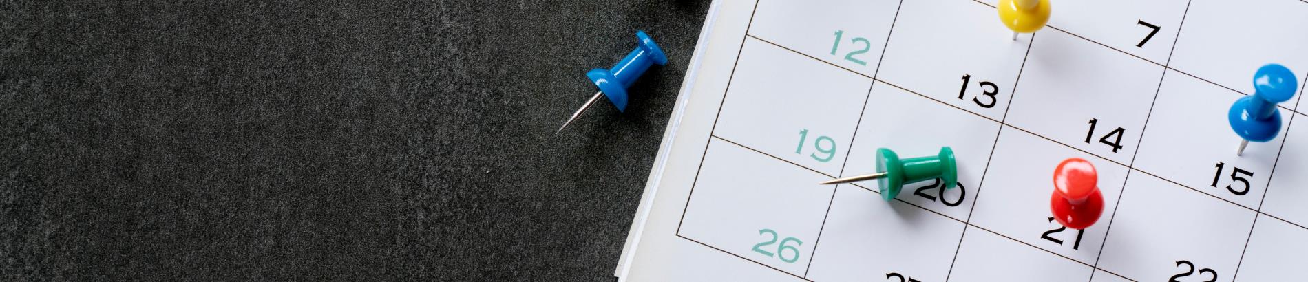 calendar with colourful push pins on top