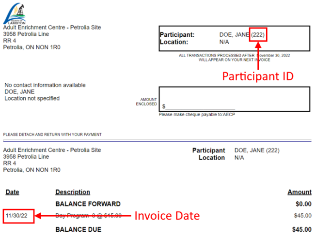 Sample Long-Term Care invoice showing invoice date and participant number location