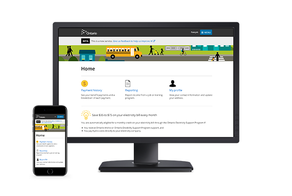 Computer screen and phone screen showing the My Benefits page on ontario.ca