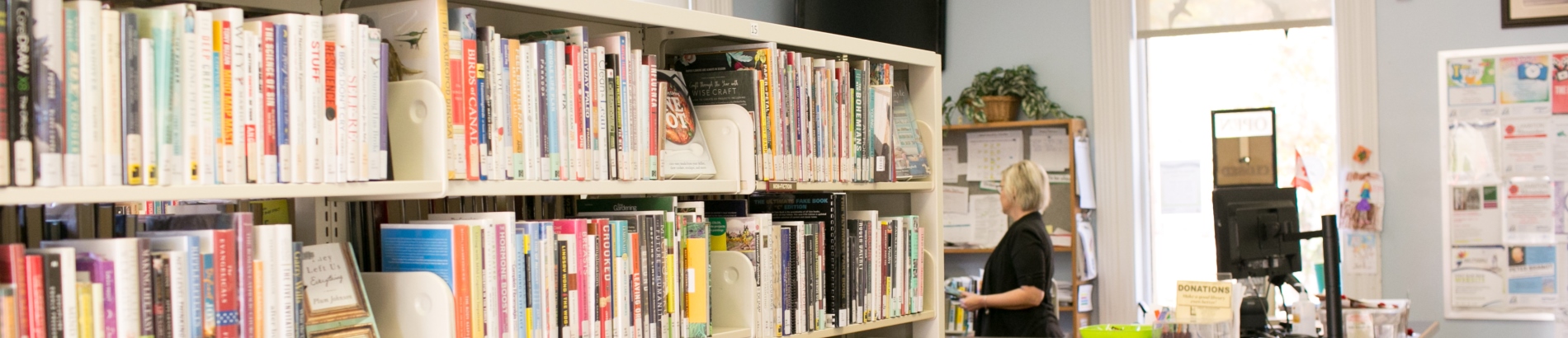 Bookshelf and circulation desk at Bright's Grove Library