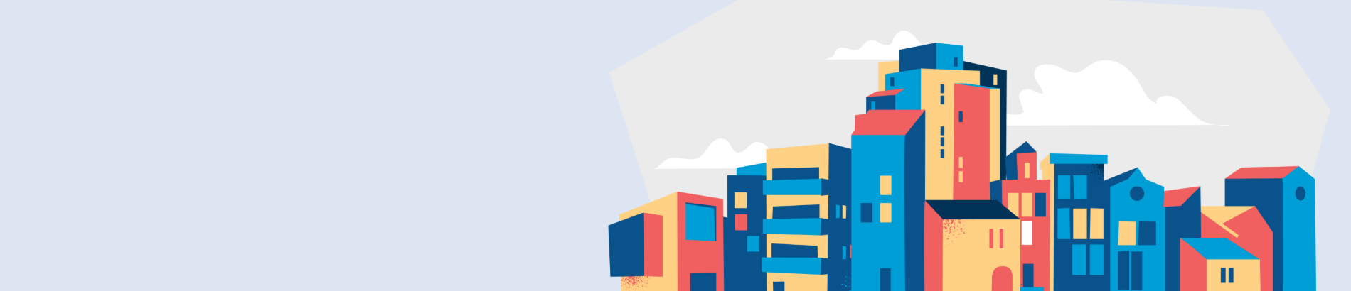 Illustration of a city skyline, with several different types of low rise and high rise buildings