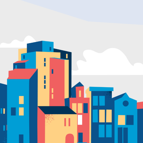 Illustration of a colourful city skyline with high and low density buildings