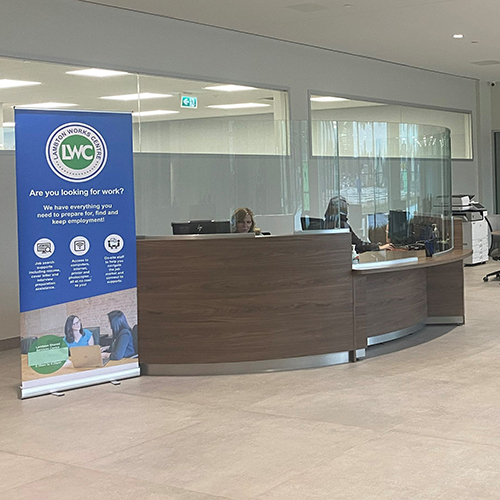 Lambton Works Centre reception desk and public use computers in lobby of Shared Services Centre