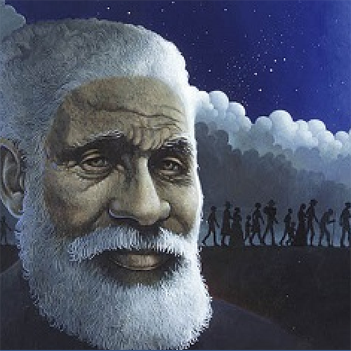 Illustration of Josiah Henson with silhouettes of people walking in the background