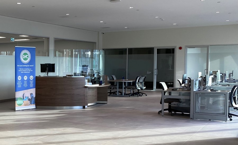 Lambton Works Centre reception desk and public use computers in the Shared Services Centre lobby