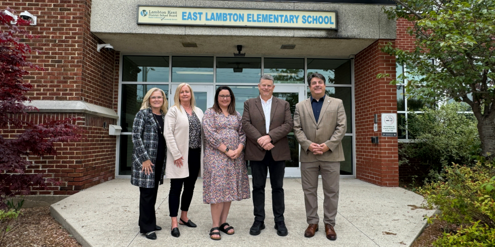 (Left to Right) - Kim Godin (Manager, County of Lambton Children’s Services Department), Claire Giles (Executive Director, North Lambton Child Care), Randi McDonald (Principal, East Lambton Elementary School), Mayor Todd Case (Township of Warwick), Gary Girardi (Director of Education, Lambton Kent District School Board)