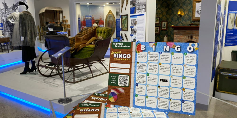 HSL Summer BINGO Challenge cards in the Lambton Gallery at Lambton Heritage Museum