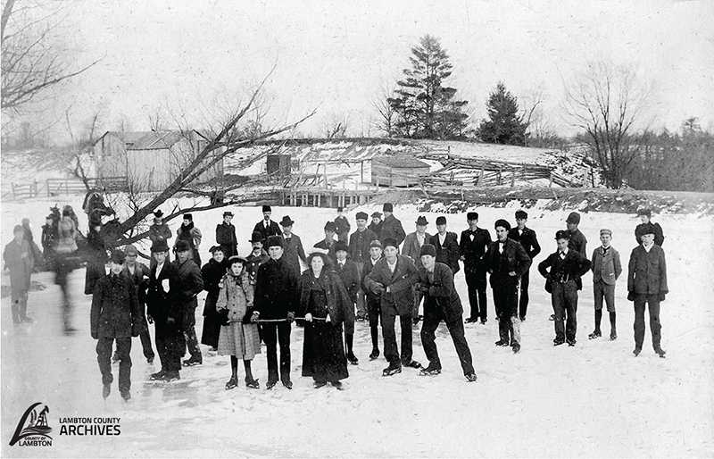 Historical photo of a group skating on a frozen pond