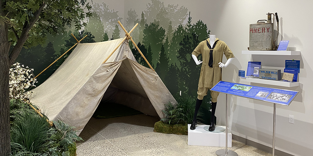 A section of the new exhibit at the Heritage Museum featuring a tent with interactive activities inside.
