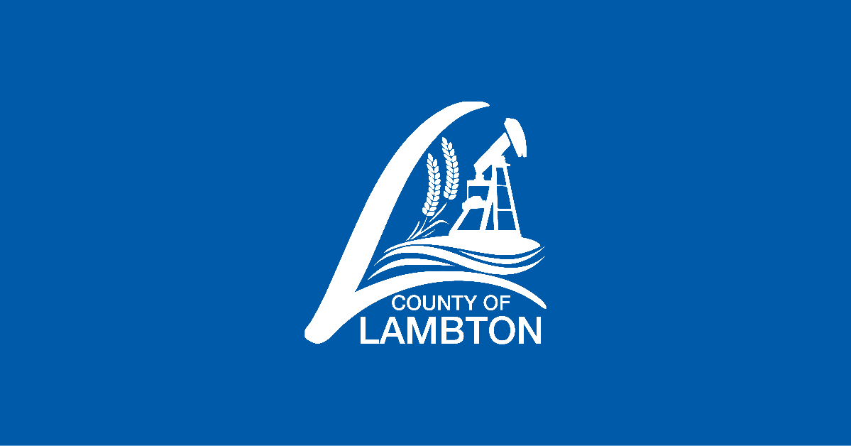 White Lambton County logo on blue background