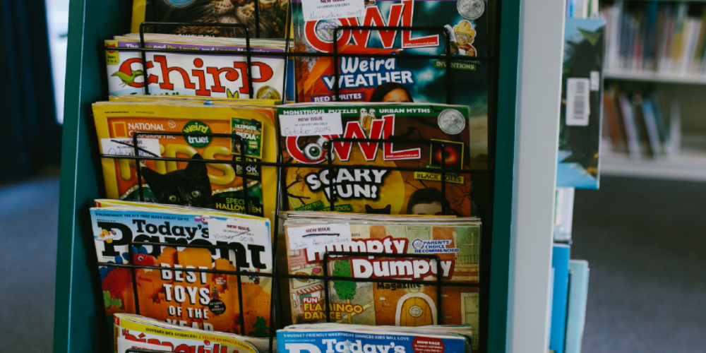 Magazines in rack at library