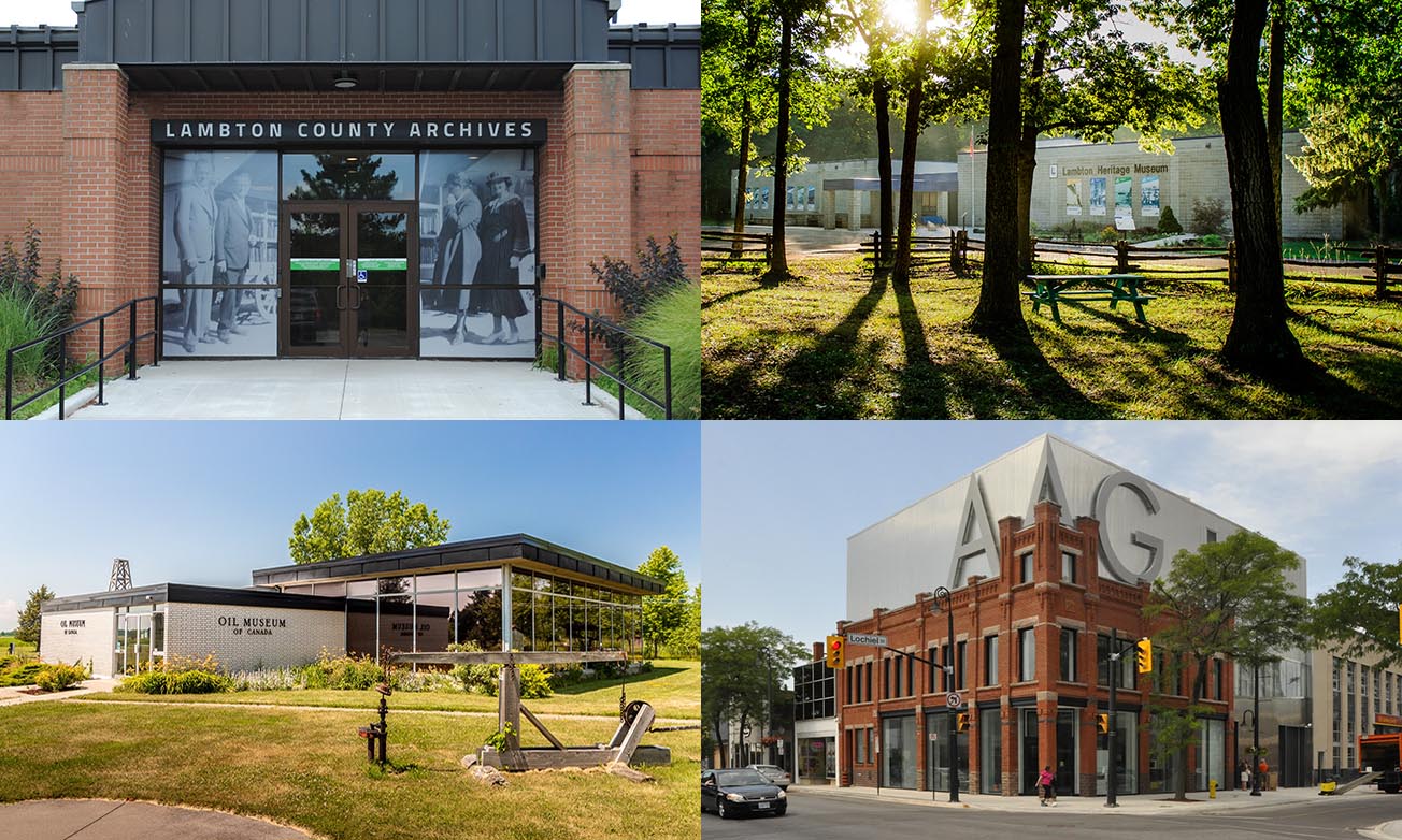 Collage of Lambton Heritage Museum, Oil Museum of Canada, Judith & Norman Alix Art Gallery and Lambton County Archives