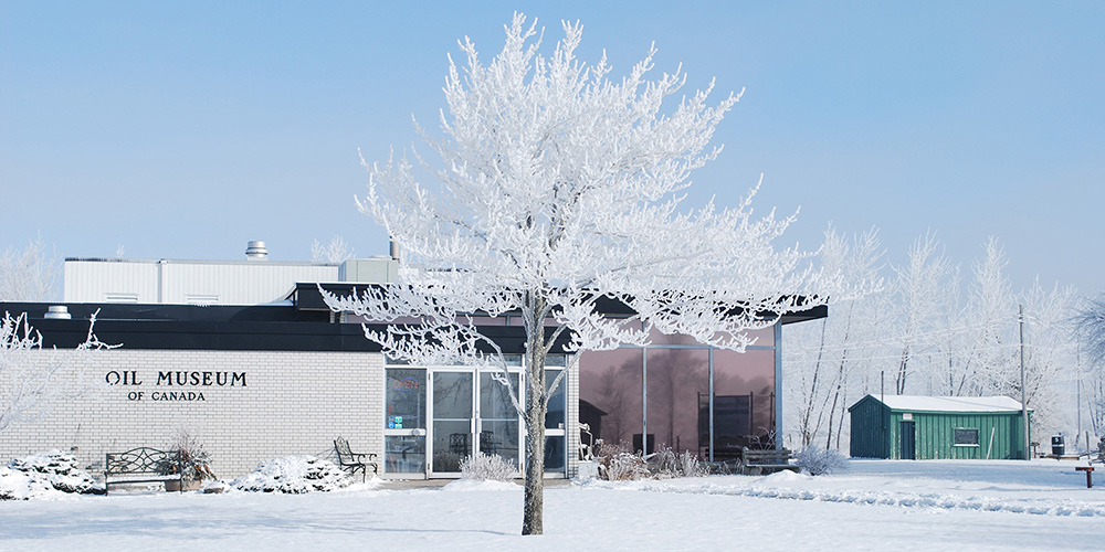 Snowy exterior of Oil Museum of Canada