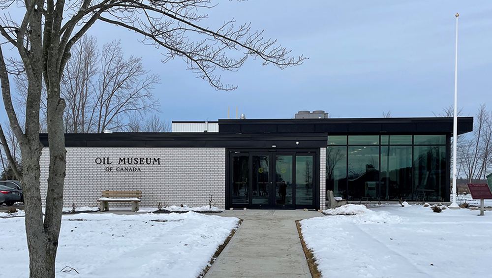 Exterior of Oil Museum of Canada in winter