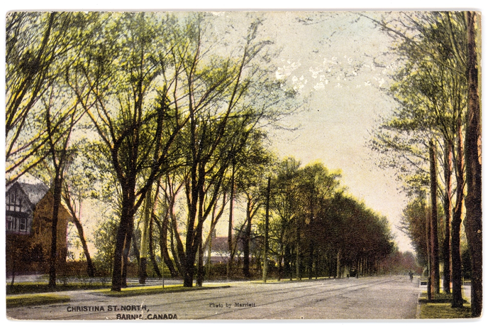 This colour postcard shows Christina Street, Sarnia, looking North. From the Lambton County Archives postcard collection.