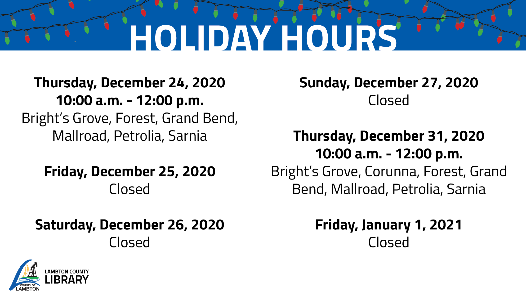 Lambton County Library Holiday Hours