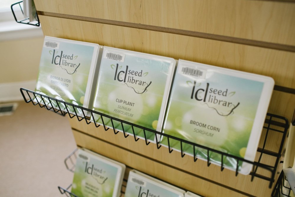 Seed library boxes on shelf