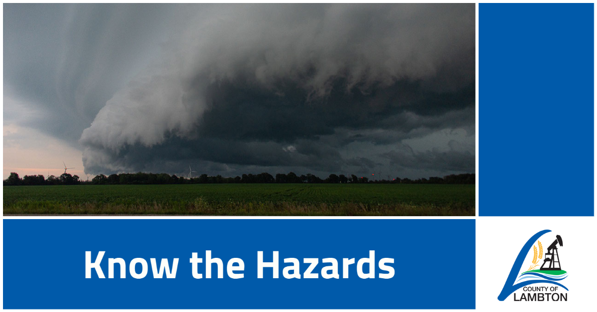storm moving over field with "know the hazards" text below