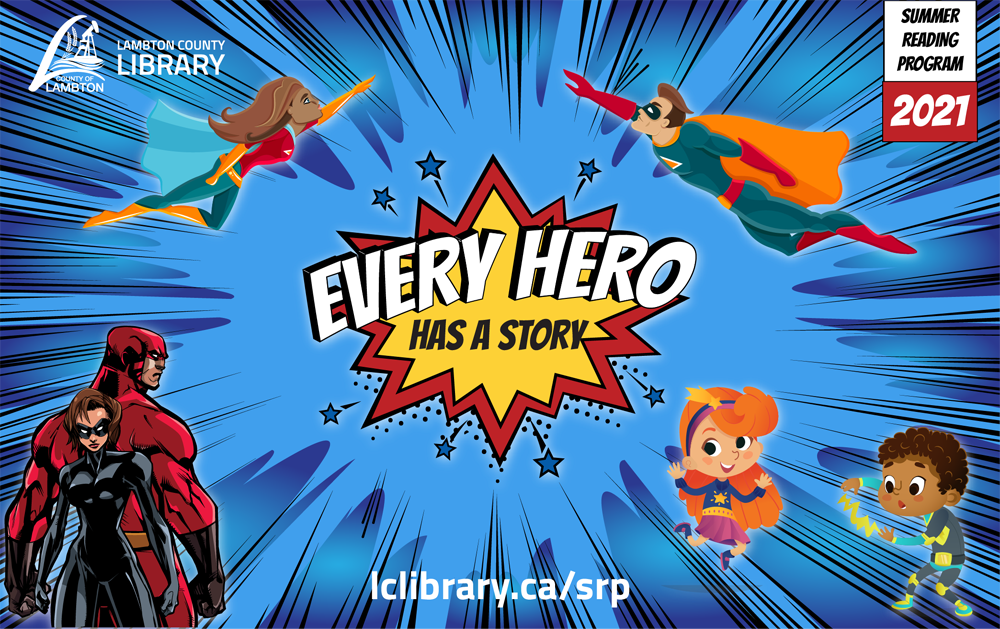 cartoon superheros on a blue and black background advertising the lambton county library summer reading program