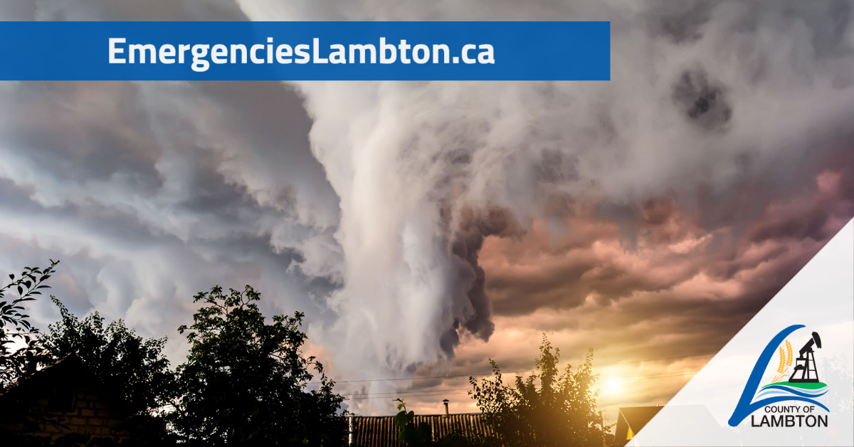 tornado forming from a storm cloud with Emergencies Lambton and County logo overlaid
