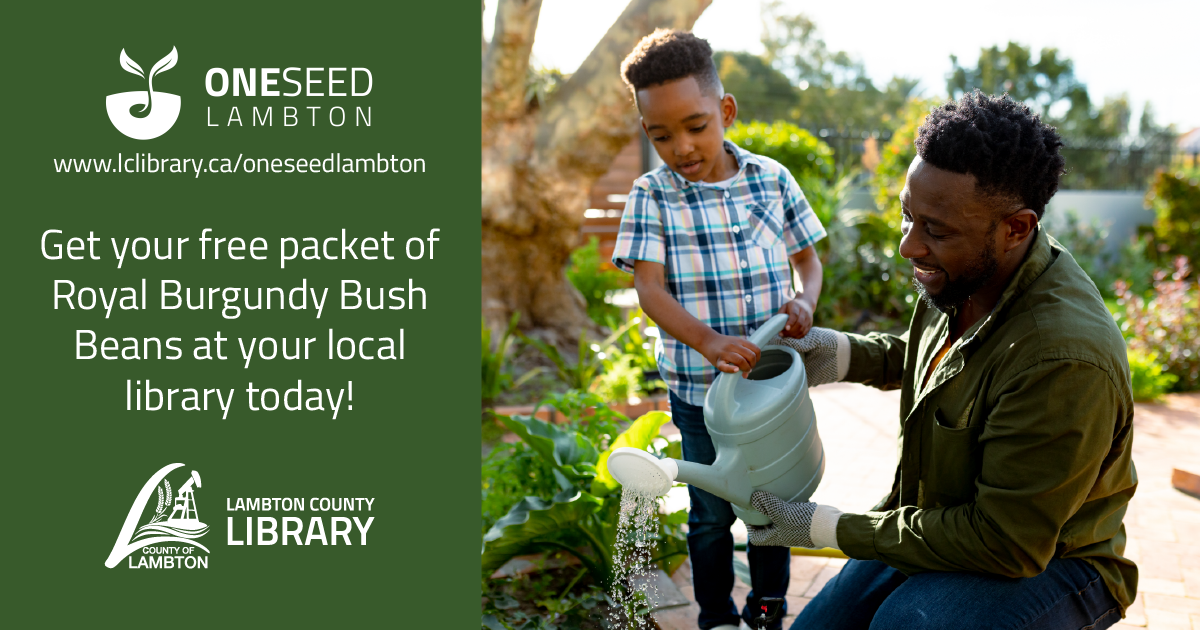 father and son watering a plant with text overlay about One Seed Lambton program