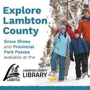 A family enjoying winter activities in library advertisement