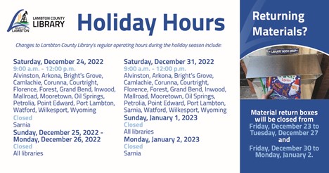 Lambton County Library holiday hours, listed as per chart above