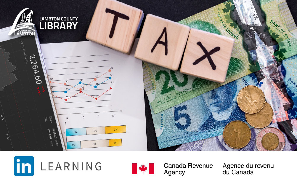 Blocks spelling TAX on top of Canadian money and graphs