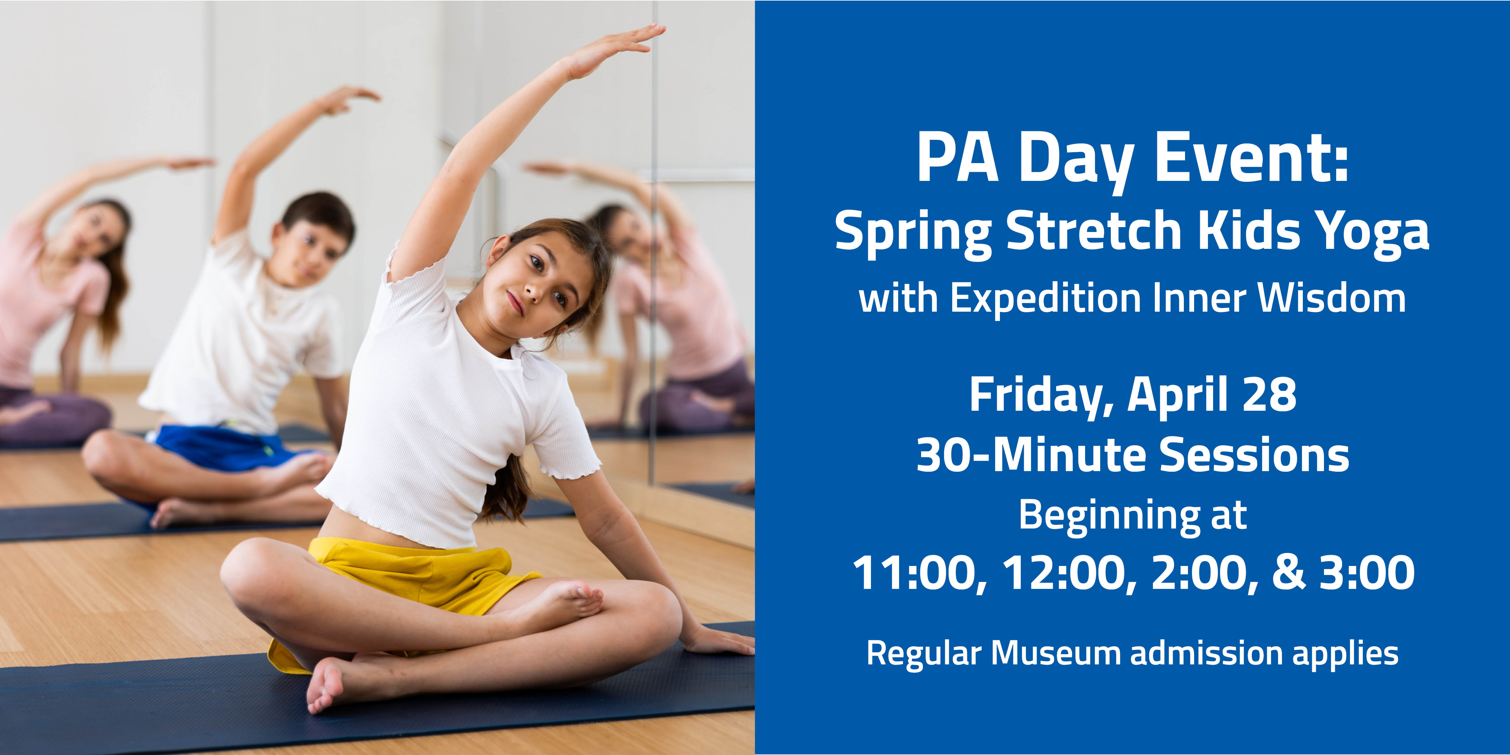 photo of children doing yoga beside blue box with event text on blue background