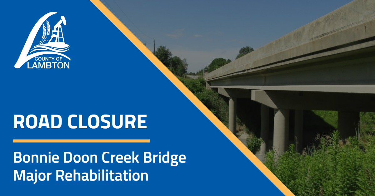 County logo on blue background with road closure text and image of the Bonnie Doon Creek Bridge
