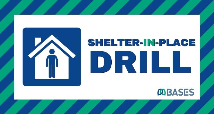 Shelter in Place drill text on blue and green striped background, with an icon of a house