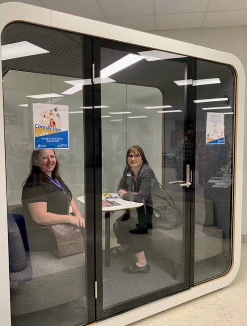 The new Connection Cube coming to Sarnia Library this summer was tested by Darlene Coke and Greer Macdonell  at the Age-Friendly Expo, June 14.