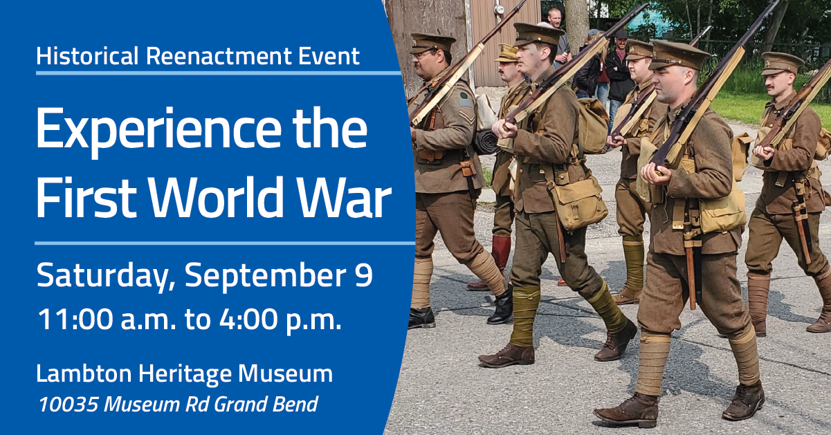 Event details beside a photo of WWI reenactors in historical uniforms
