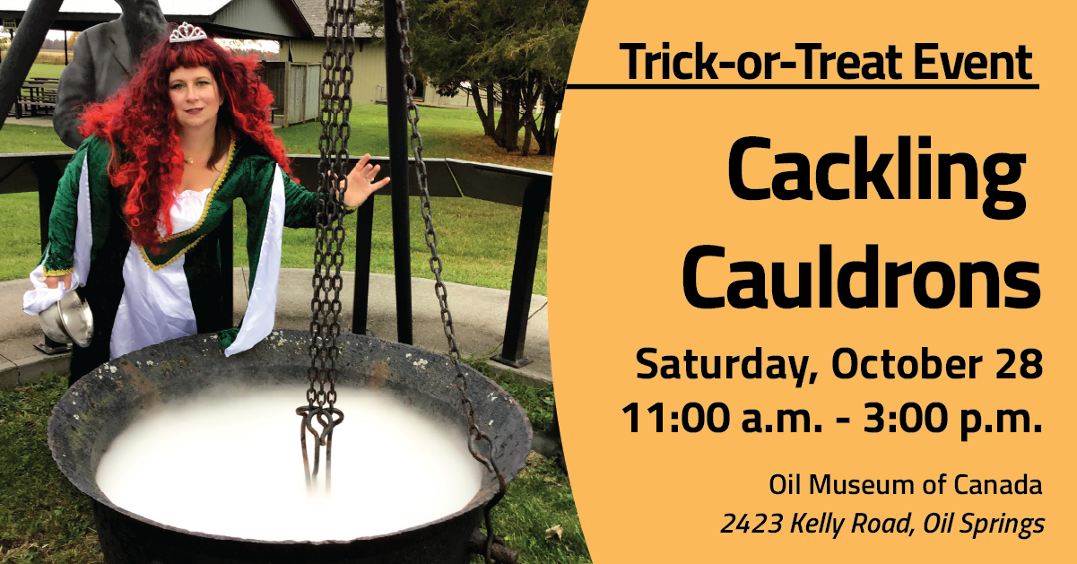 woman dressed in costume standing beside cauldron beside black text on yellow background with event details