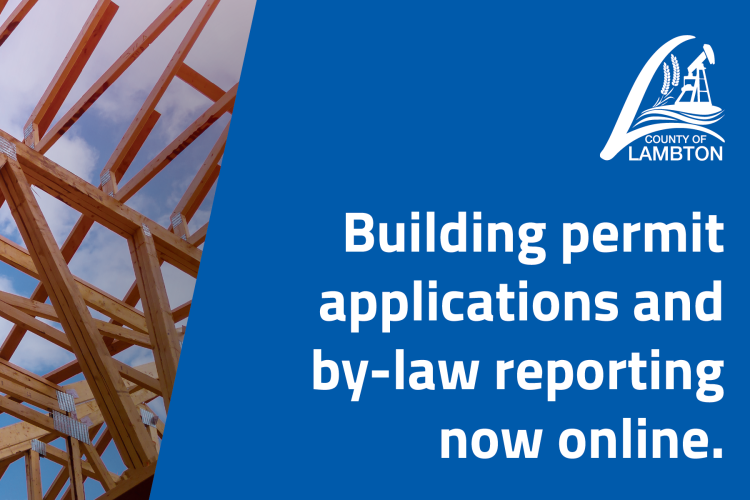 building trusses beside white text over blue background - text: building permit applications and by-law reporting now online.