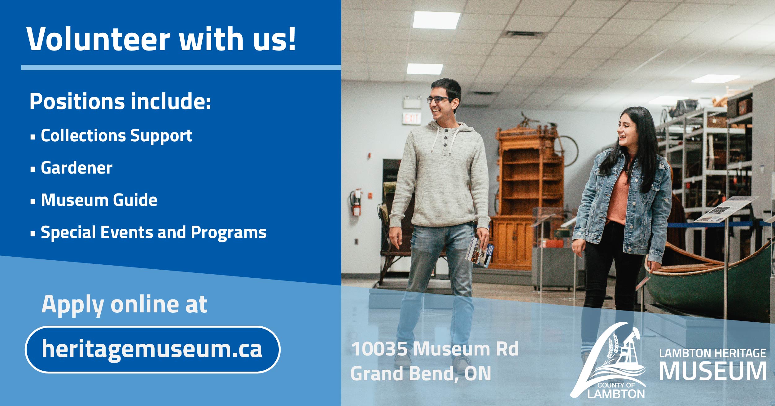 Volunteer with us! text over blue background, beside photo of two people in the collections centre at Lambton Heritage Museum