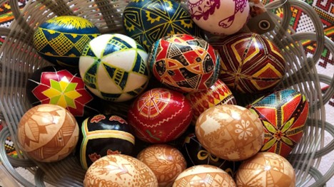 basket filled with colourful Ukrainian Easter eggs