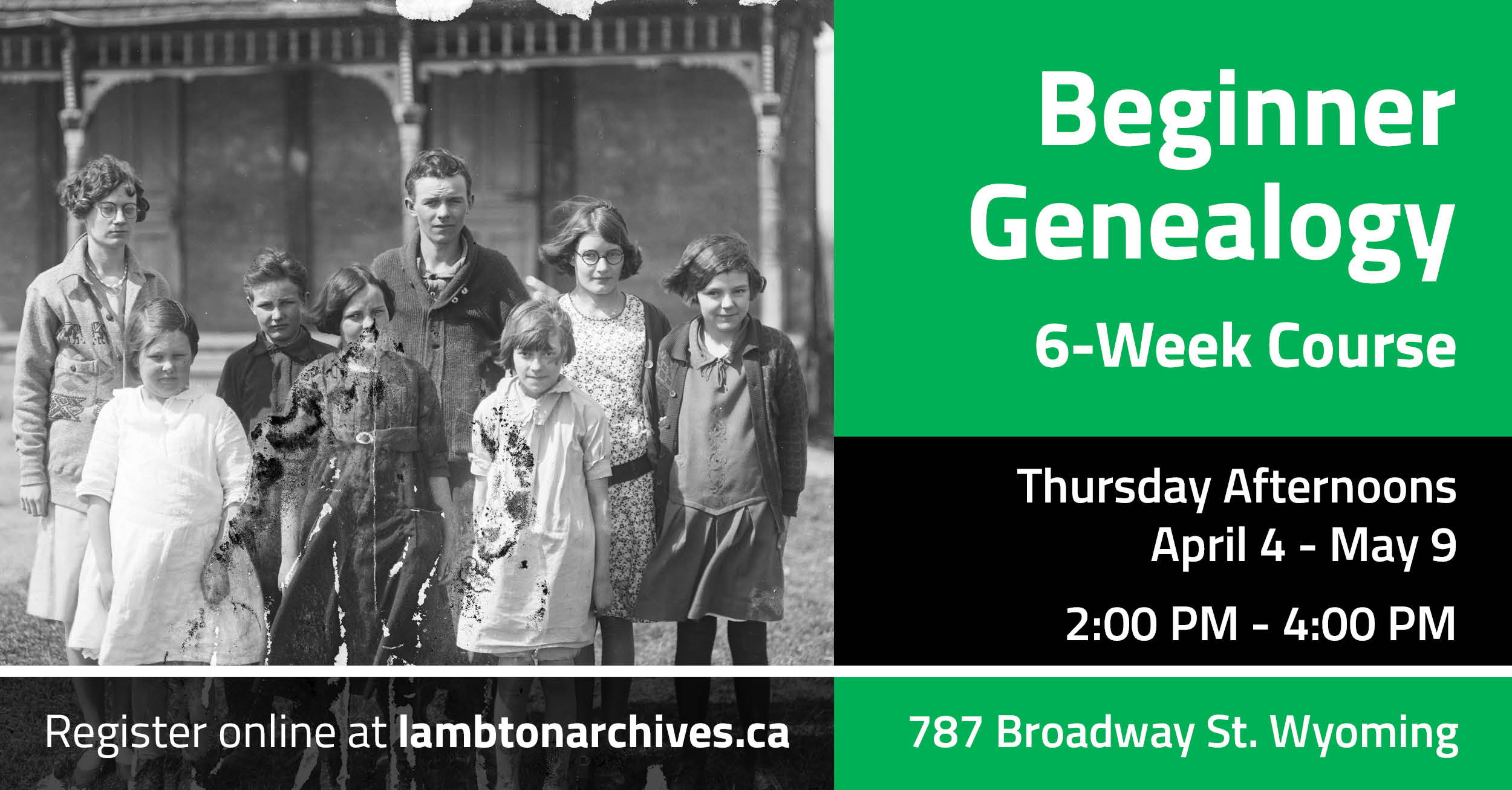 Historical image of a family in front of a building with text details for the Beginner Genealogy course