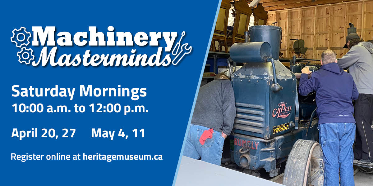 three men working to repair an old piece of machinery with text details of the Machinery Masterminds program