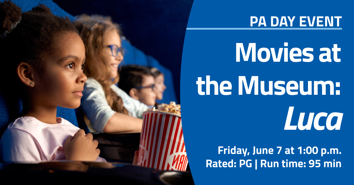 children holding popcorn watching a movie in a theatre with the text Movies at the Museum: Luca