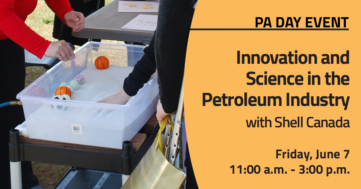 two people using their hands to sift through sand in a plastic container to find toy balls with the text Innovation and Science in the Petroleum Industry