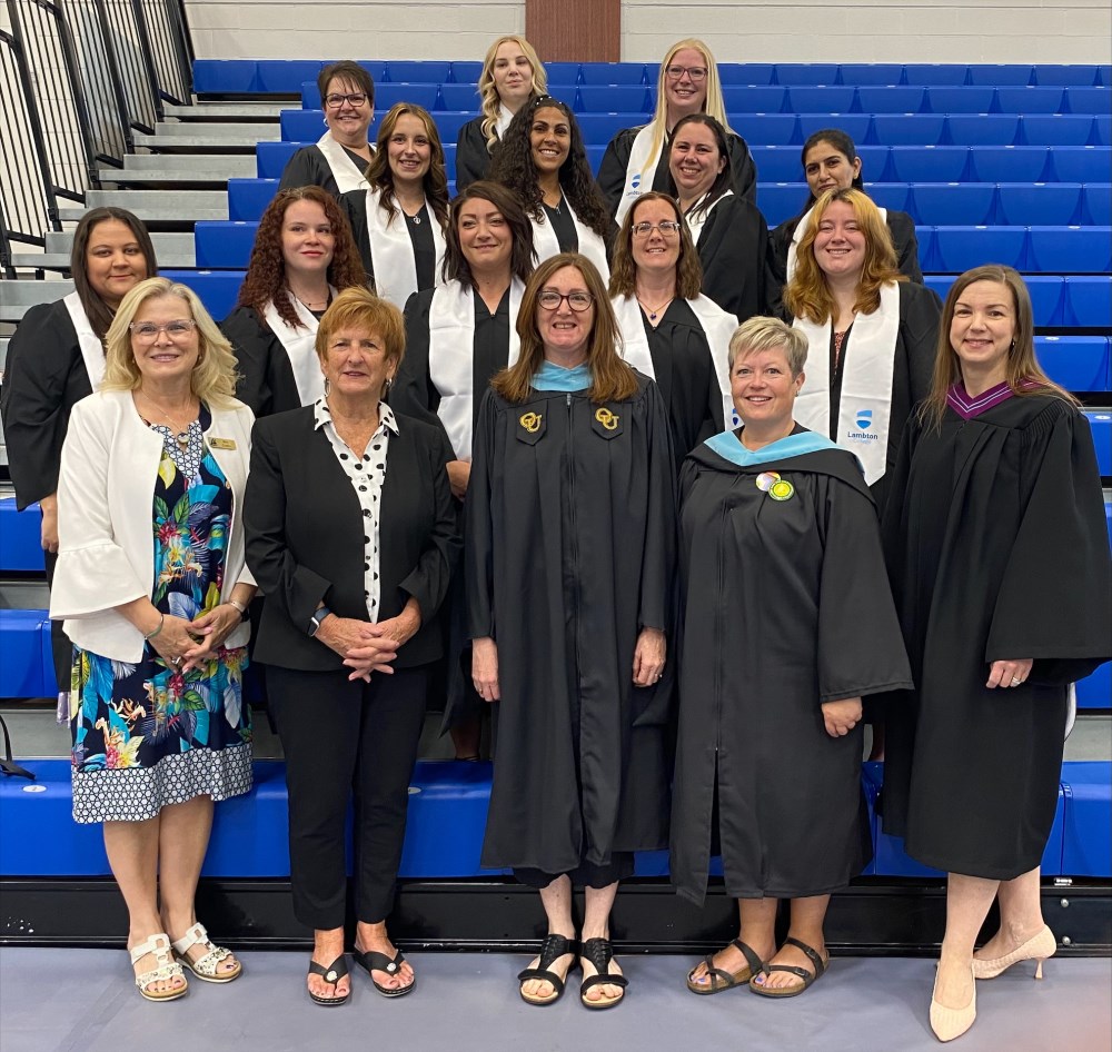 Some of the Early Childhood Educator fast-track 2025 Graduates with Diane McCahill (Manager, Lambton EarlyON Child and Family Centre & the Parent and Professional Resource Centre) (back row, left) and Kim Godin (Manager, Children’s Services, County of Lambton), Bev Hand (Lambton County Councillor and Mayor of Point Edward), Dana Petko (Lambton College Early Childhood Education Program Faculty), Kerri Finnigan (Lambton College Coordinator, Early Childhood Education Program) and Nicole Domonchuk (Lambton College Associate Dean of Fire Sciences, Health and Community Services at the Lambton College Of Applied Arts and Technology) (front row left to right).