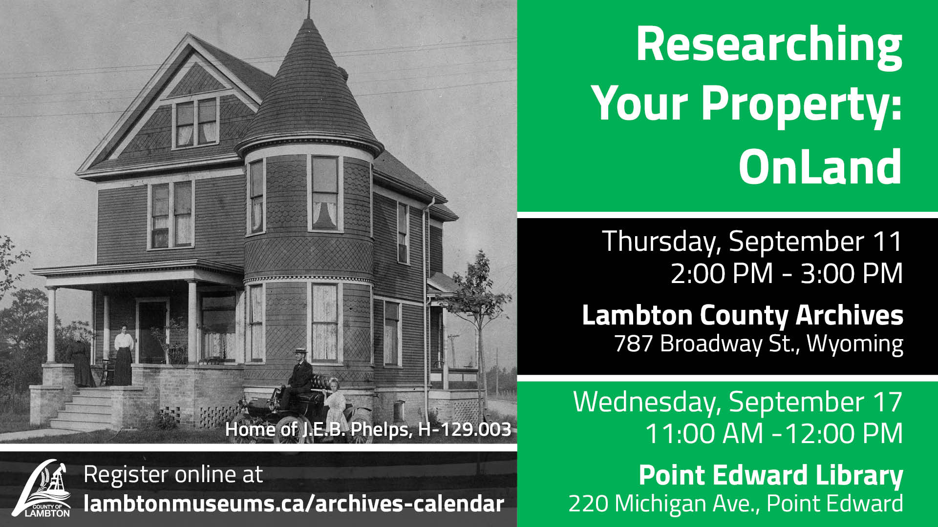 Promotional image with a historic photograph of a house for the Researching Your Property workshop