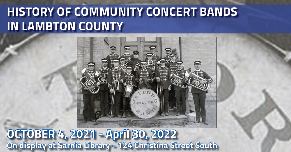 Historical image of community concert band with text over top detailing exhibit information