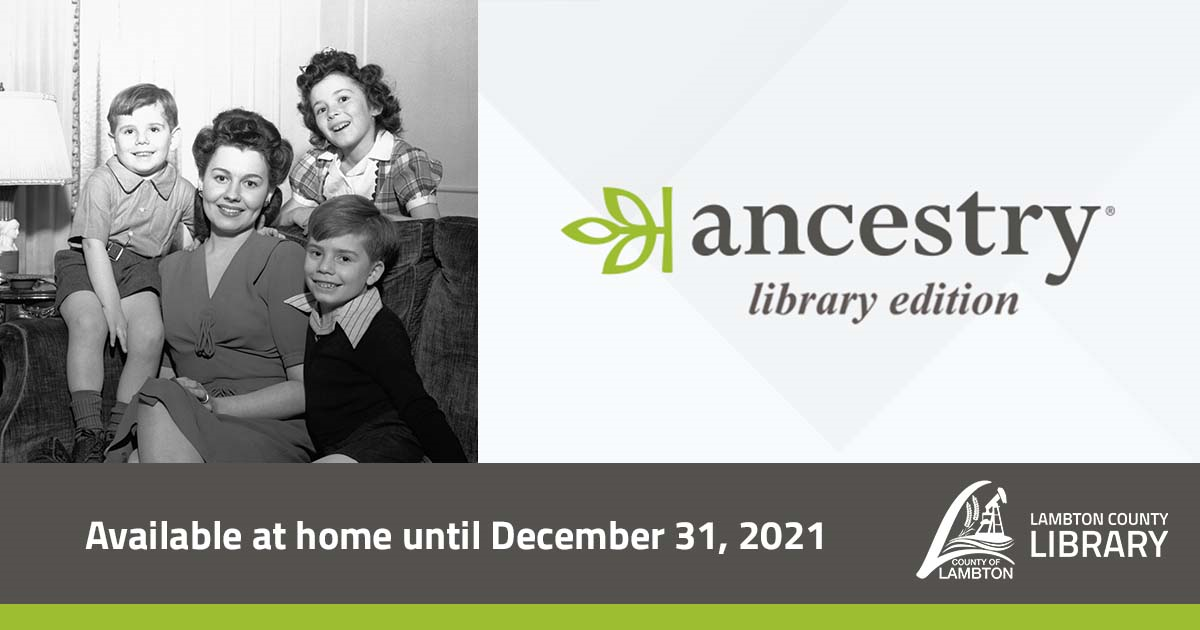 Historical photo of a woman and three children with the ancestry library logo