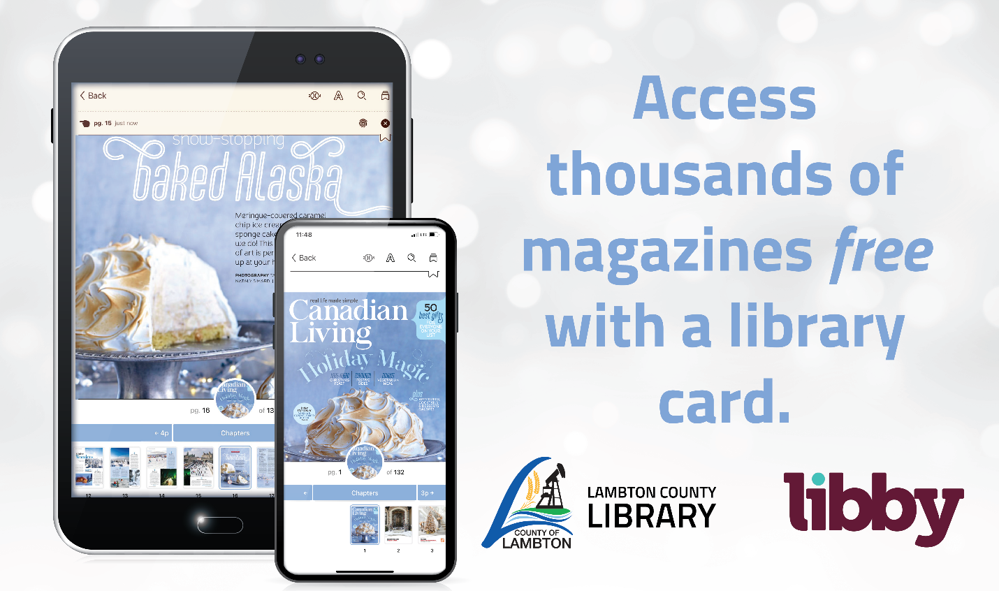Smartphone and tablet showing Canadian Living magazine cover in Libby app