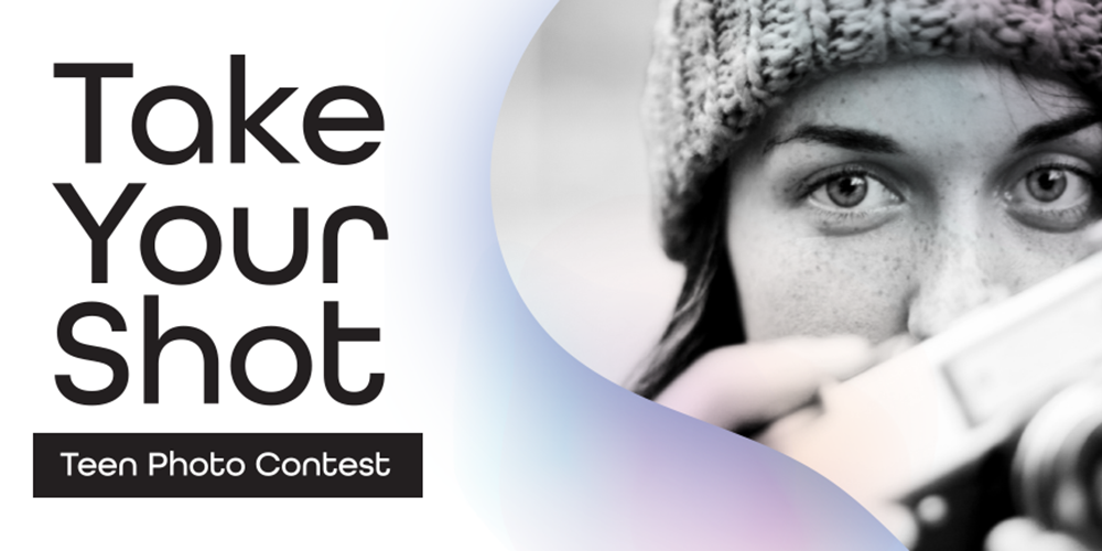 black and white image of woman holding camera, with the text "take your shot teen photo contest"