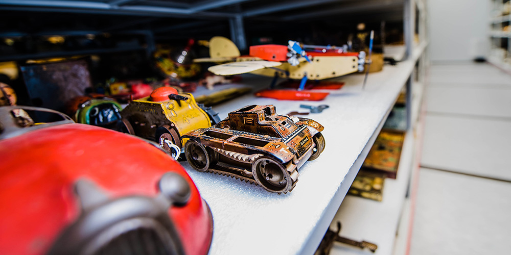 Toys on a shelf in Lambton Heritage Museum's Collections Centre